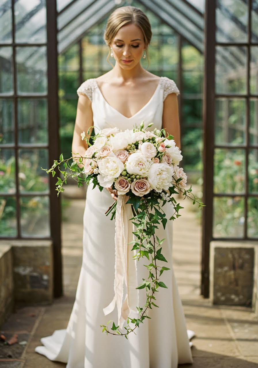 Bride holding cascading bouquet of white peonies and garden roses with silk ribbons in conservatory