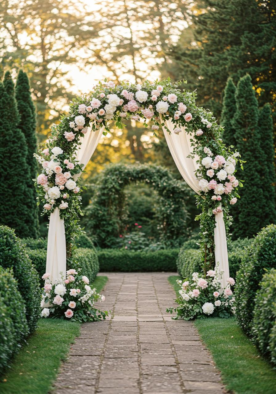Grand wedding arch of English ivy and white peonies with silk ribbon in manicured garden