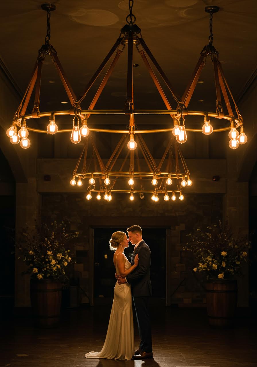 Romantic couple portrait beneath cognac-colored crystal chandelier
