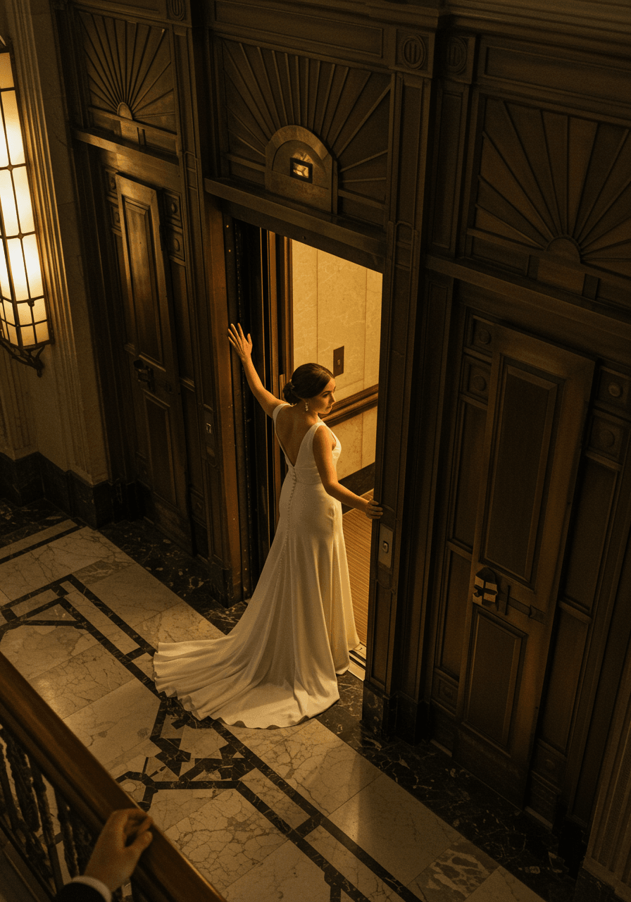 Wide shot of bride and ornate elevator doors in opulent 1920s-style building lobby