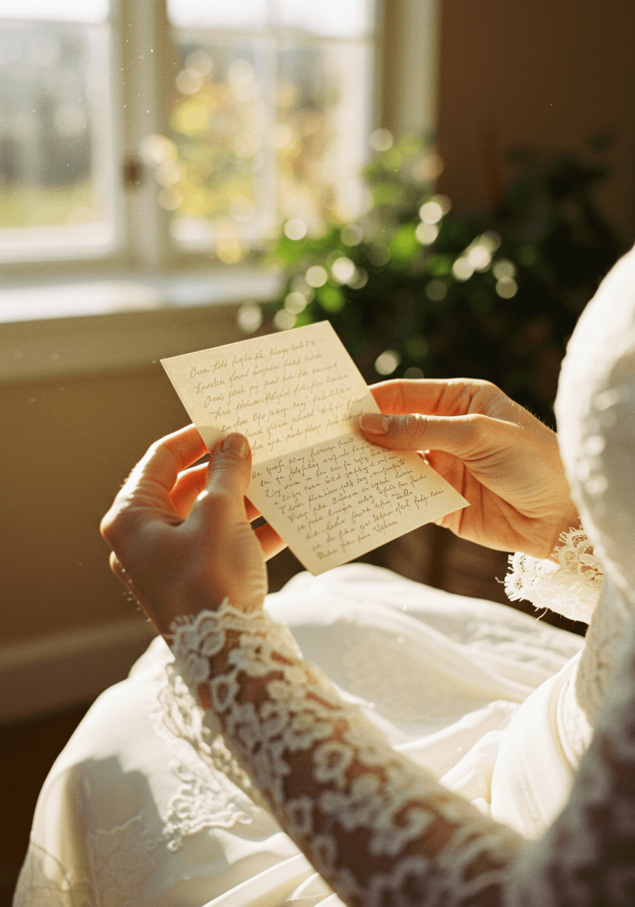 Bride's hands holding handwritten love letter in sun-drenched conservatory with vintage film grain