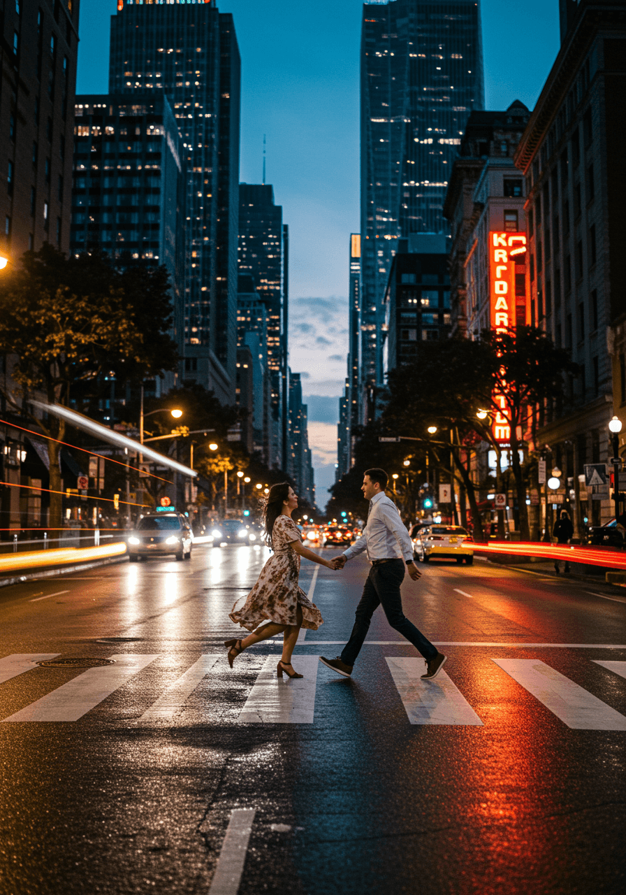 Couple running hand-in-hand through city street with motion blur and neon lights at twilight