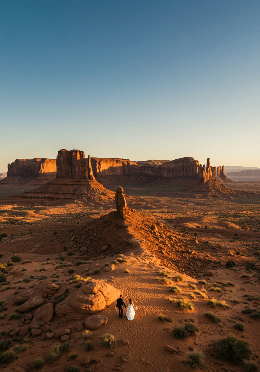 Tiny wedding couple silhouettes walking through vast desert canyon landscape with towering red rocks