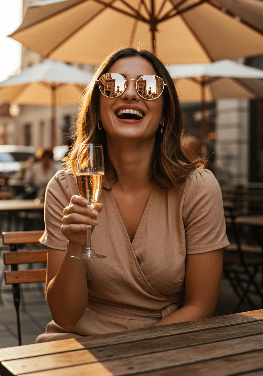 Woman laughing joyfully while holding champagne at outdoor café with rose gold sunglasses