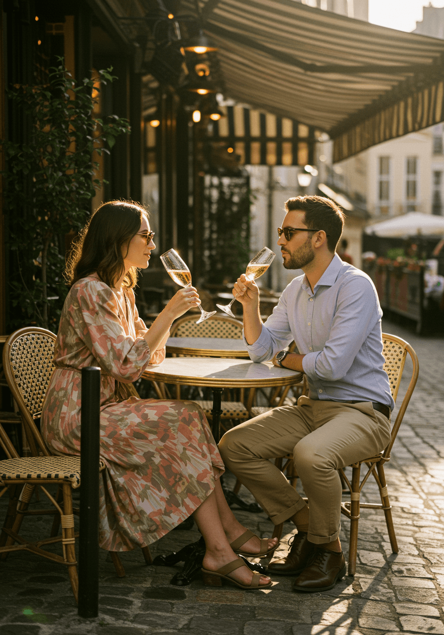 Close-up of hands holding champagne glasses at outdoor café table with golden lighting