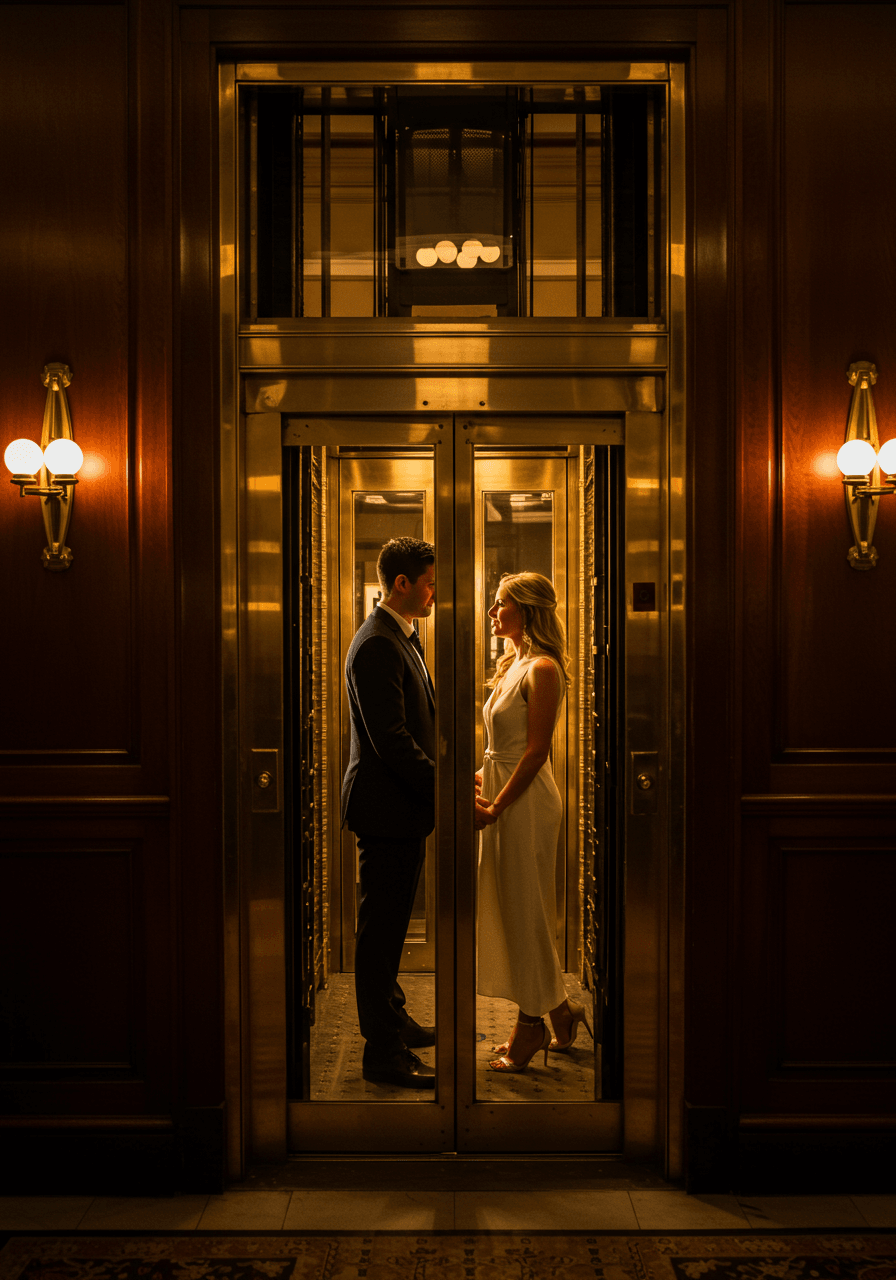 Couple sharing intimate moment as ornate elevator doors slowly close in luxury hotel lobby