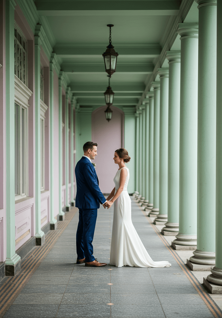 Couple paused in perfectly symmetrical hallway with pastel architectural details