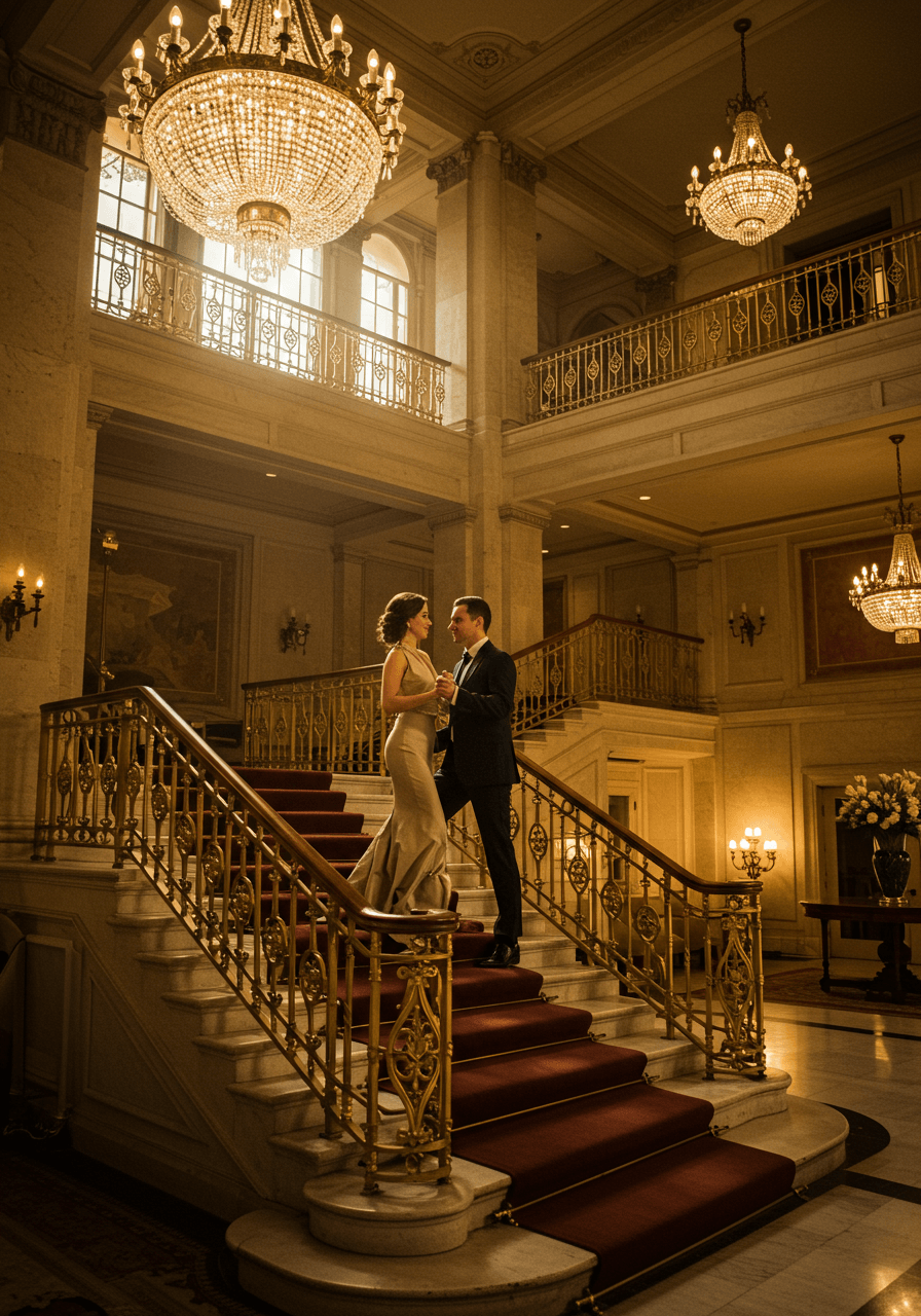 Romantic dance pose on grand hotel lobby stairs with crystal chandeliers and brass details
