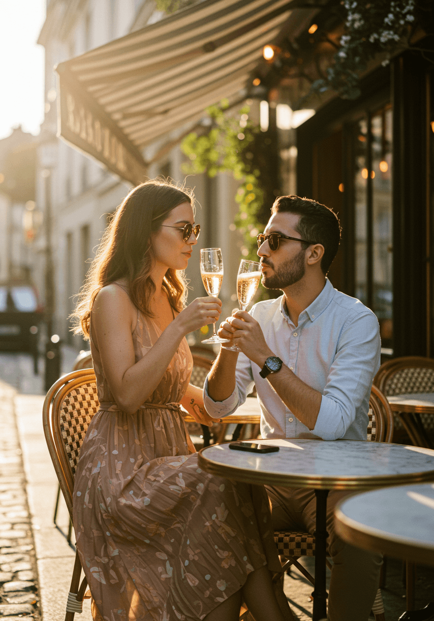Couple sharing champagne at charming sidewalk bistro during golden hour with striped awning