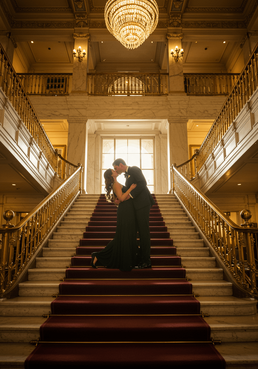 Elegant couple performing classic Hollywood dip kiss on ornate marble staircase with golden lighting