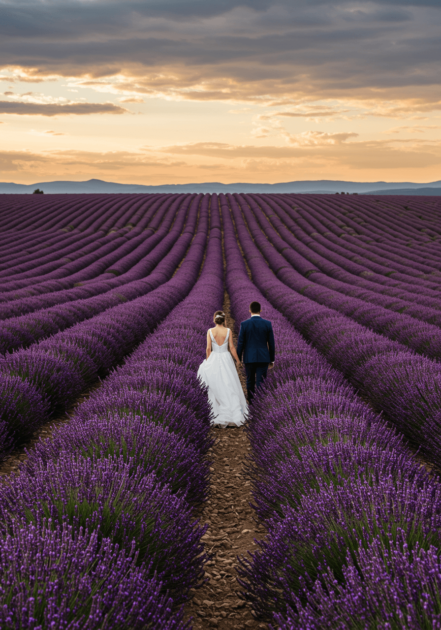 Couple walking hand-in-hand through expansive lavender field toward distant hills at sunset