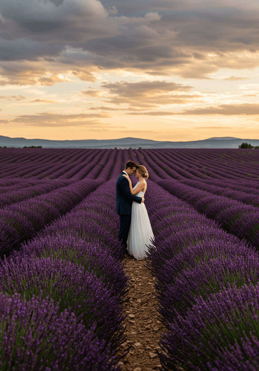 Romantic embrace in purple lavender field during golden hour with soft overcast lighting
