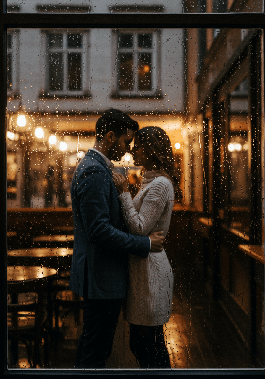 Close-up view through rain-covered glass of couple's intimate café moment with water droplets