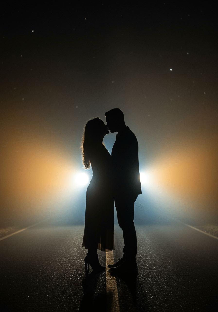 Romantic kiss captured with dramatic headlight beams and swirling mist effects