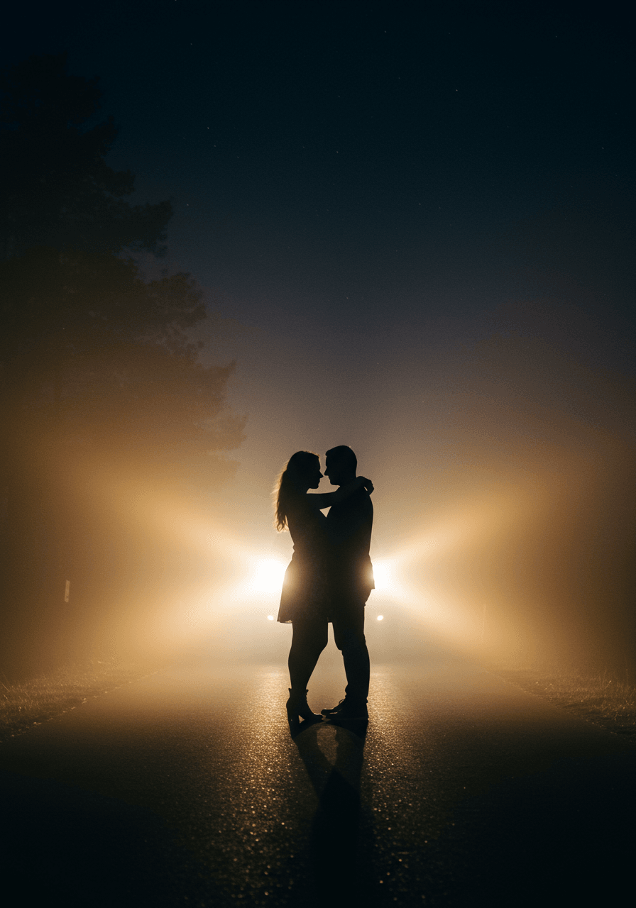 Couple embracing in silhouette with car headlights piercing through thick fog on country road