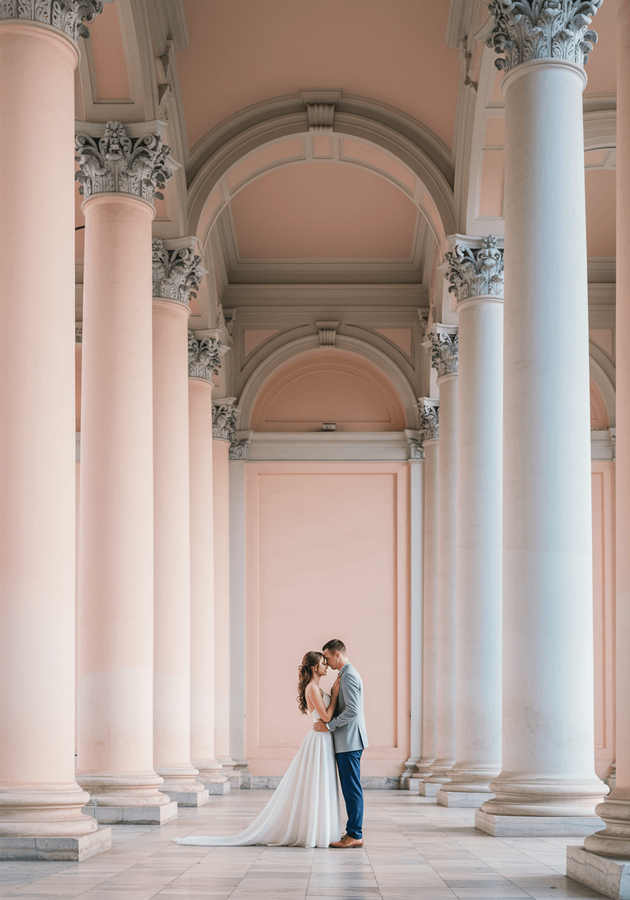 Couple in symmetrical pose against pastel pink neoclassical building with matching columns