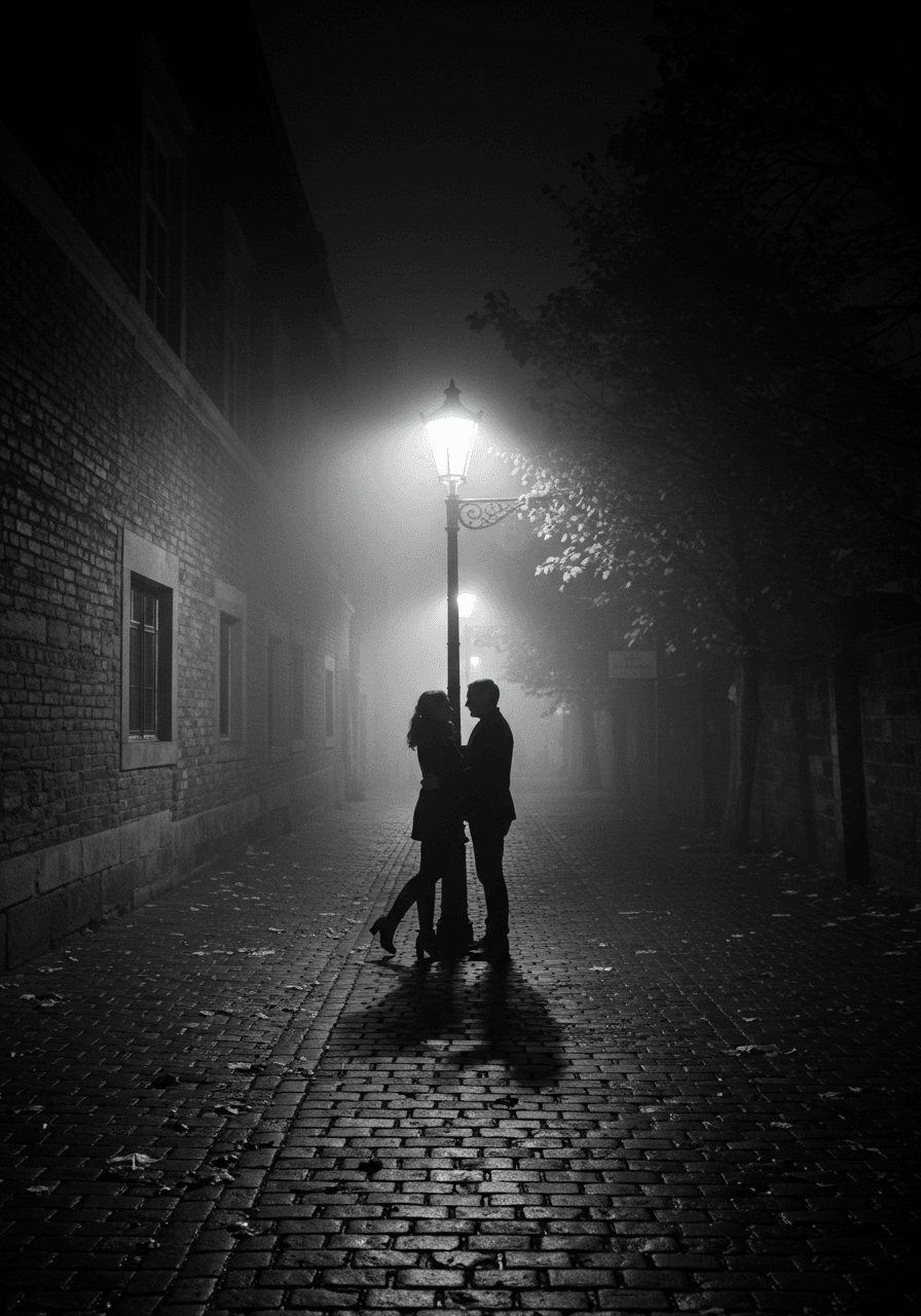 Classic silhouetted couple embracing under ornate streetlamp with vintage film noir aesthetic