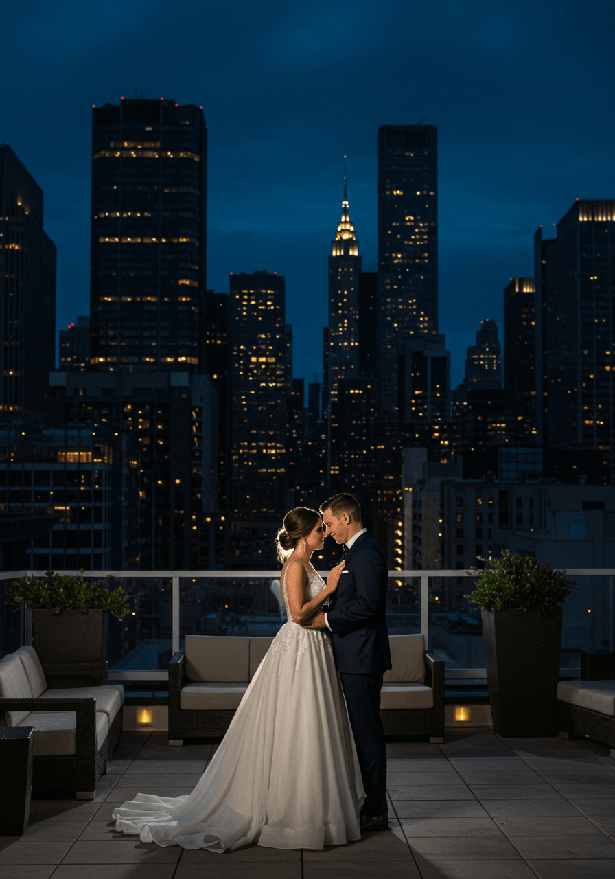 Bride and groom sharing intimate moment on luxury rooftop with dramatic city skyline at twilight