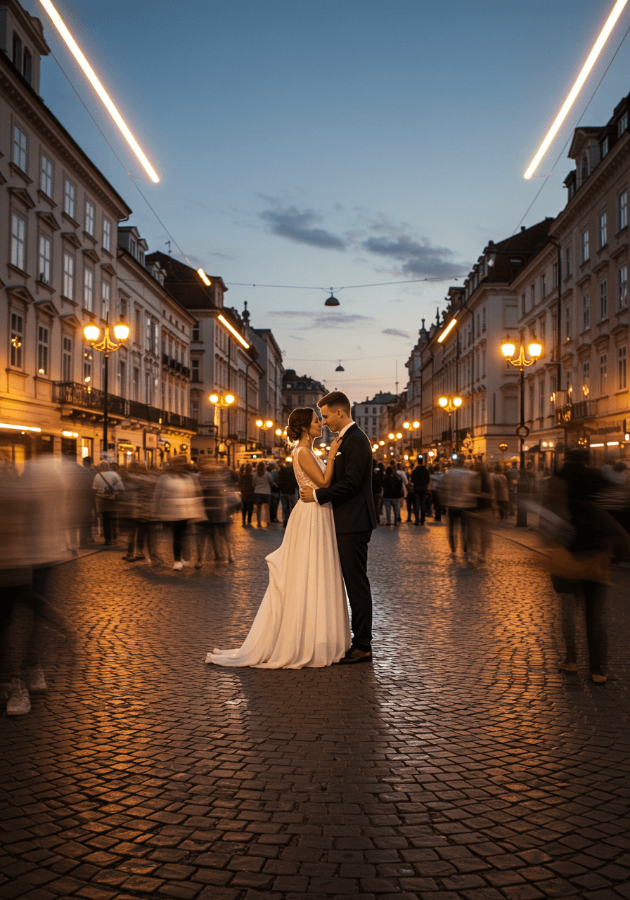 Wedding couple embracing in busy city square with motion blur streams of people around them