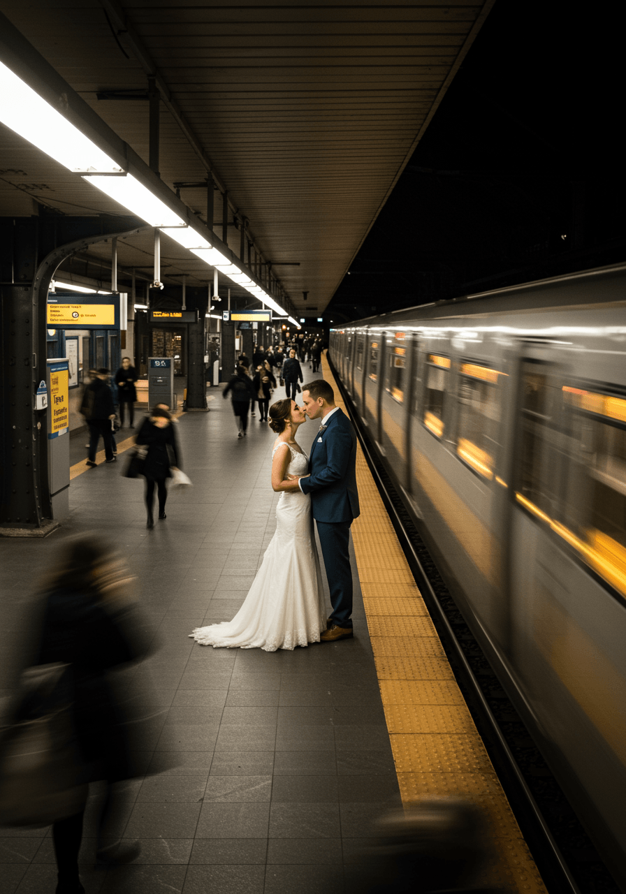 Aerial view of wedding couple at train station surrounded by abstract light trails