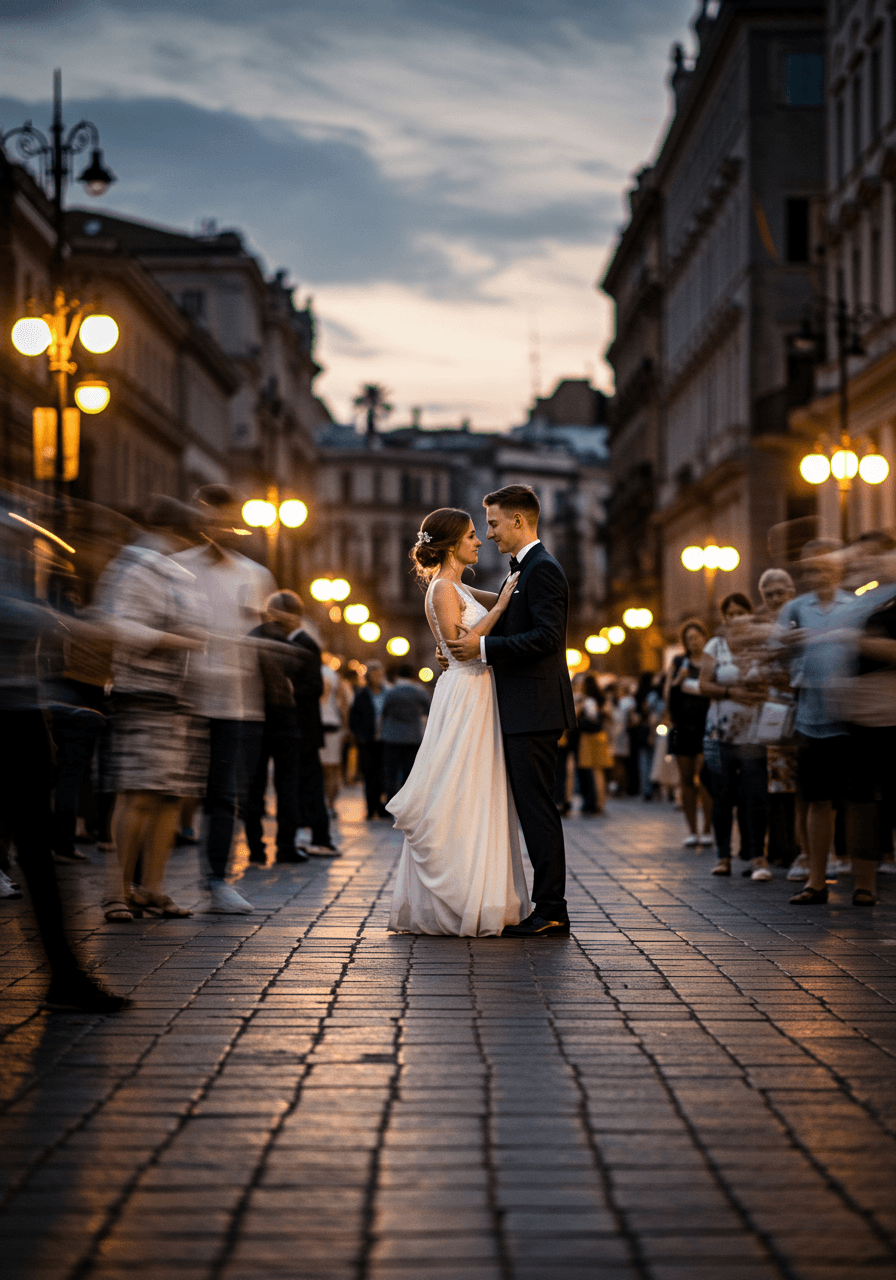 Couple dancing in bustling square captured with long exposure showing movement trails
