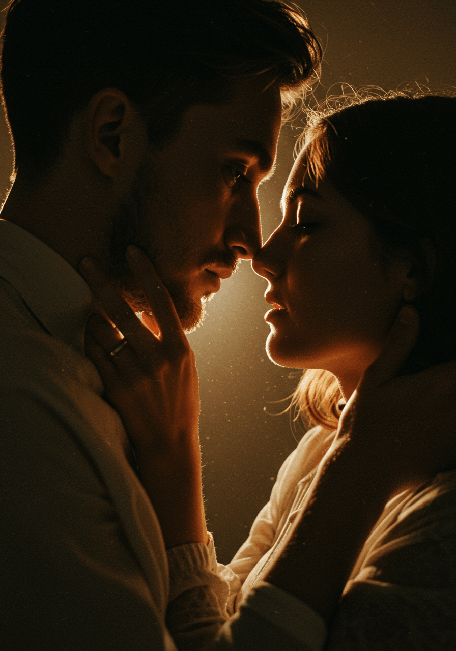 Extreme close-up of couple's intimate embrace in vintage film studio with heavy 16mm grain texture