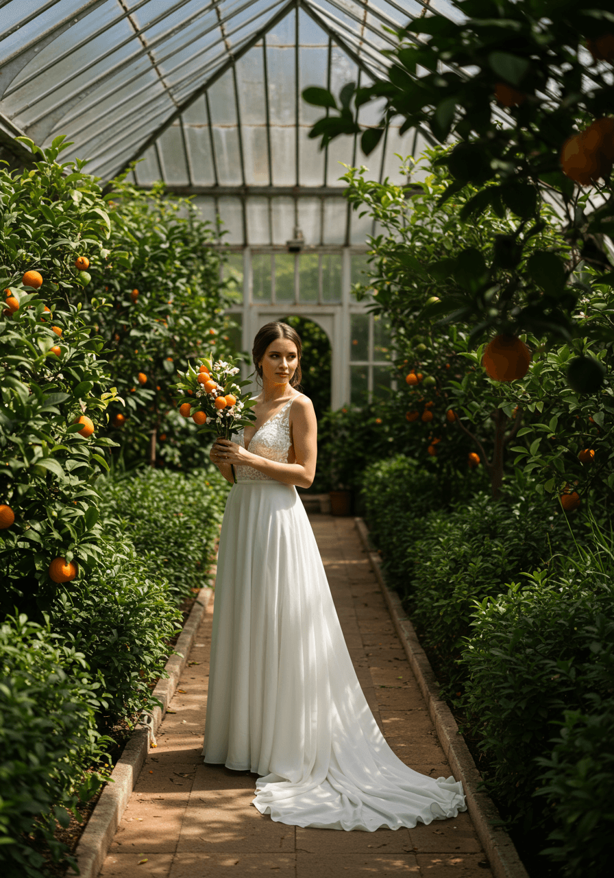 Bride holding delicate orange blossom branch bouquet in sunlit garden conservatory with citrus trees