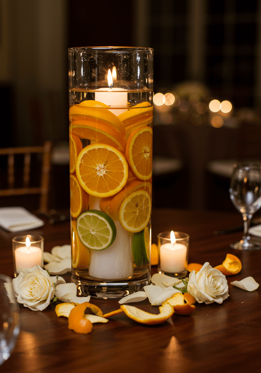 Glass hurricane lantern with floating citrus slices and white candle surrounded by white roses on mahogany table