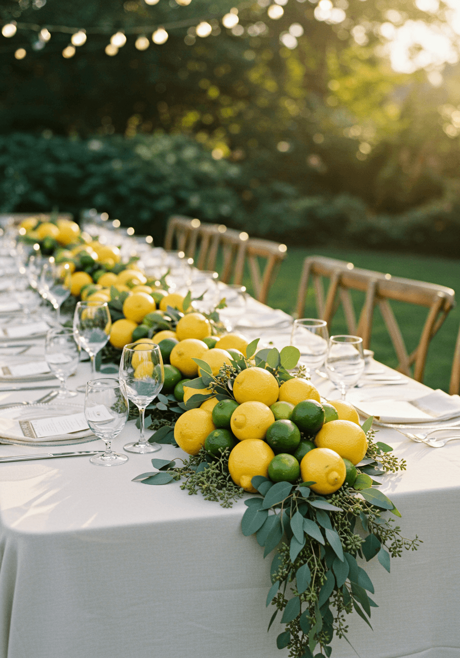 Long dining table with fresh lemon and lime table runner centerpiece in outdoor garden wedding reception
