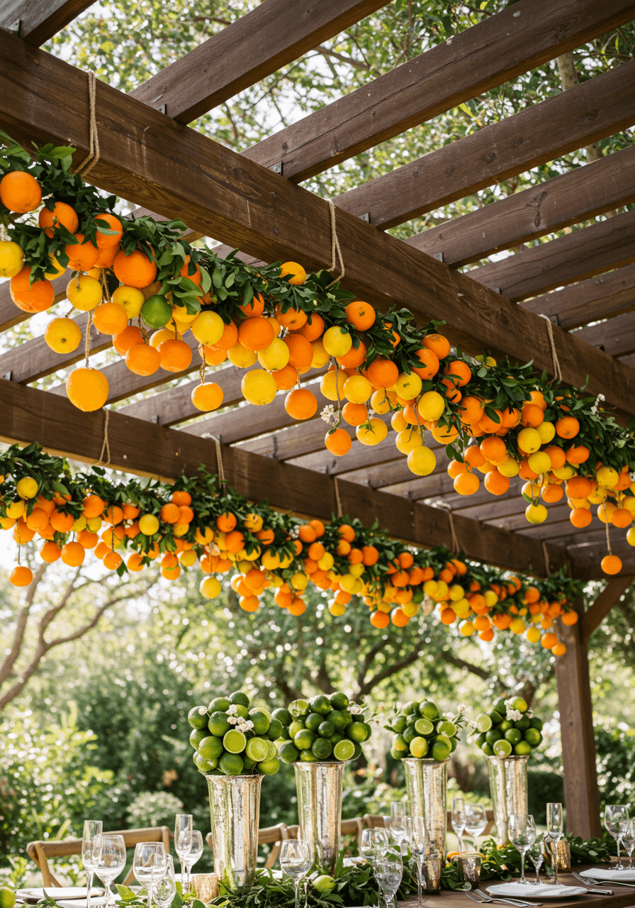 Overhead view of pergola with hanging citrus garland installation above wedding reception setup