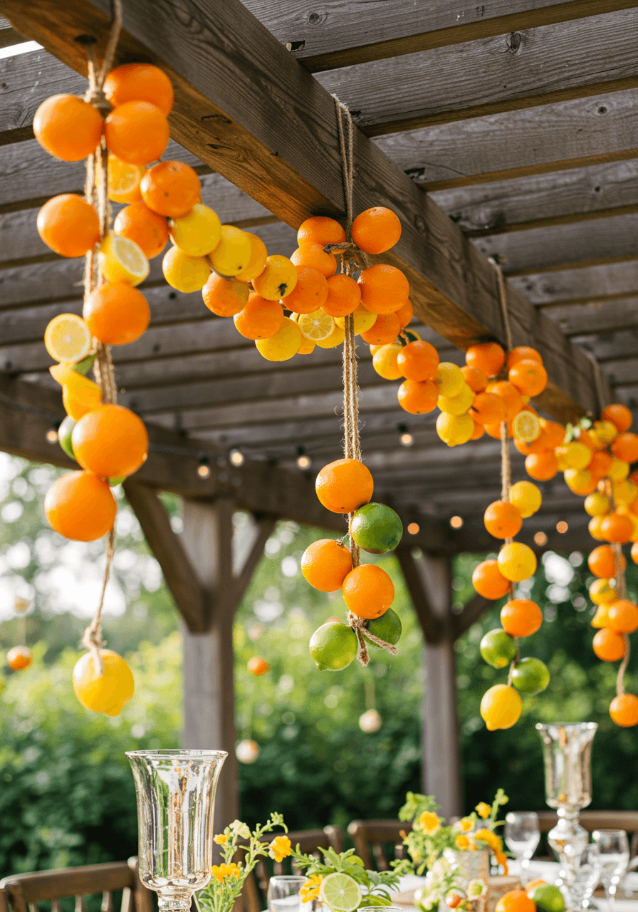 Orange and lemon garlands draped from wooden pergola beams over elegant reception tables