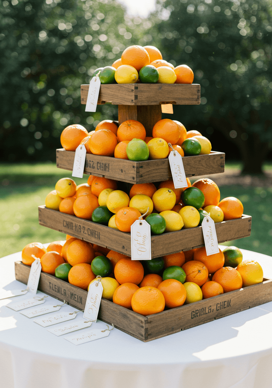Tiered wooden crate display with fresh citrus fruits tagged with white escort cards in elegant script