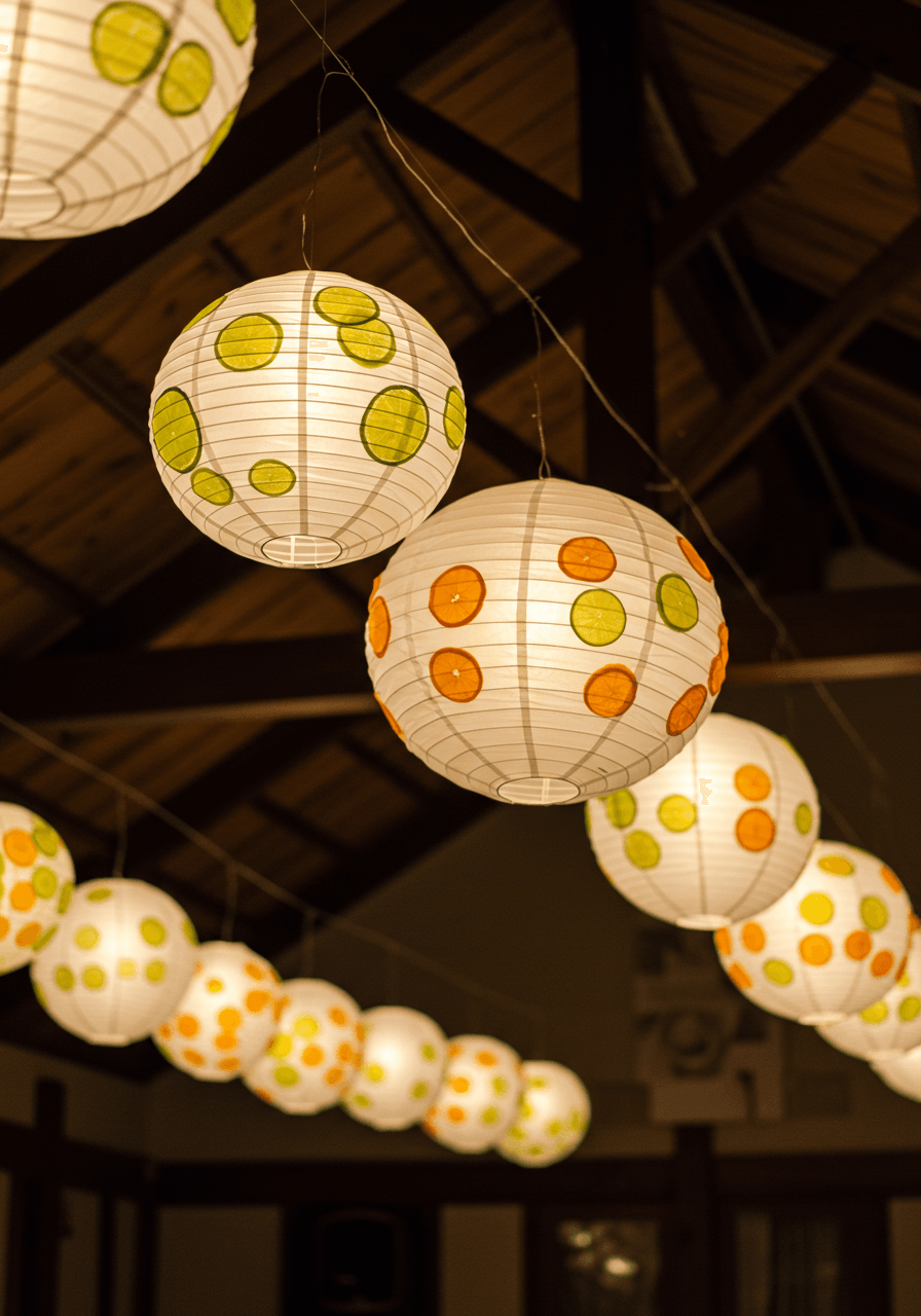 Wide view of multiple illuminated citrus lanterns hanging at various heights in wedding reception space