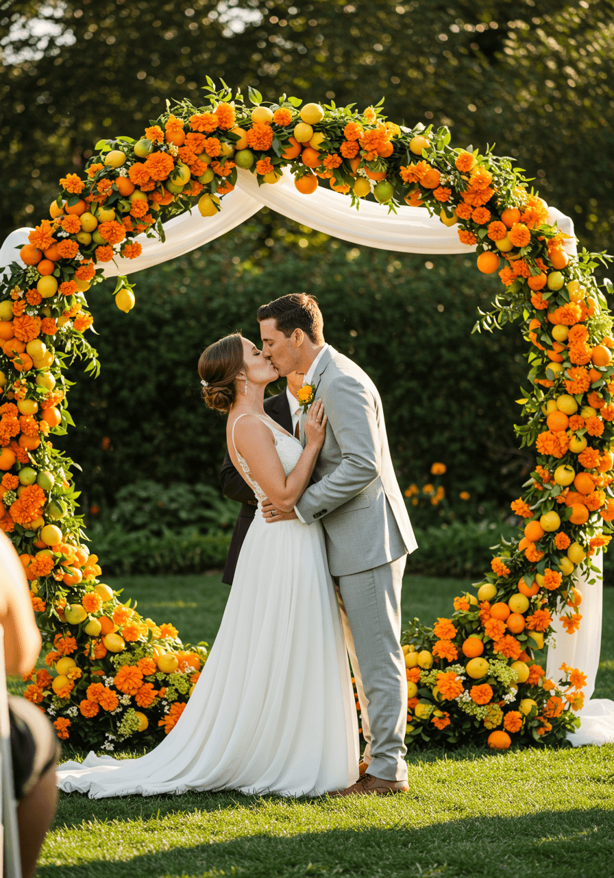 First kiss moment under vibrant citrus and marigold wedding ceremony arch in garden setting