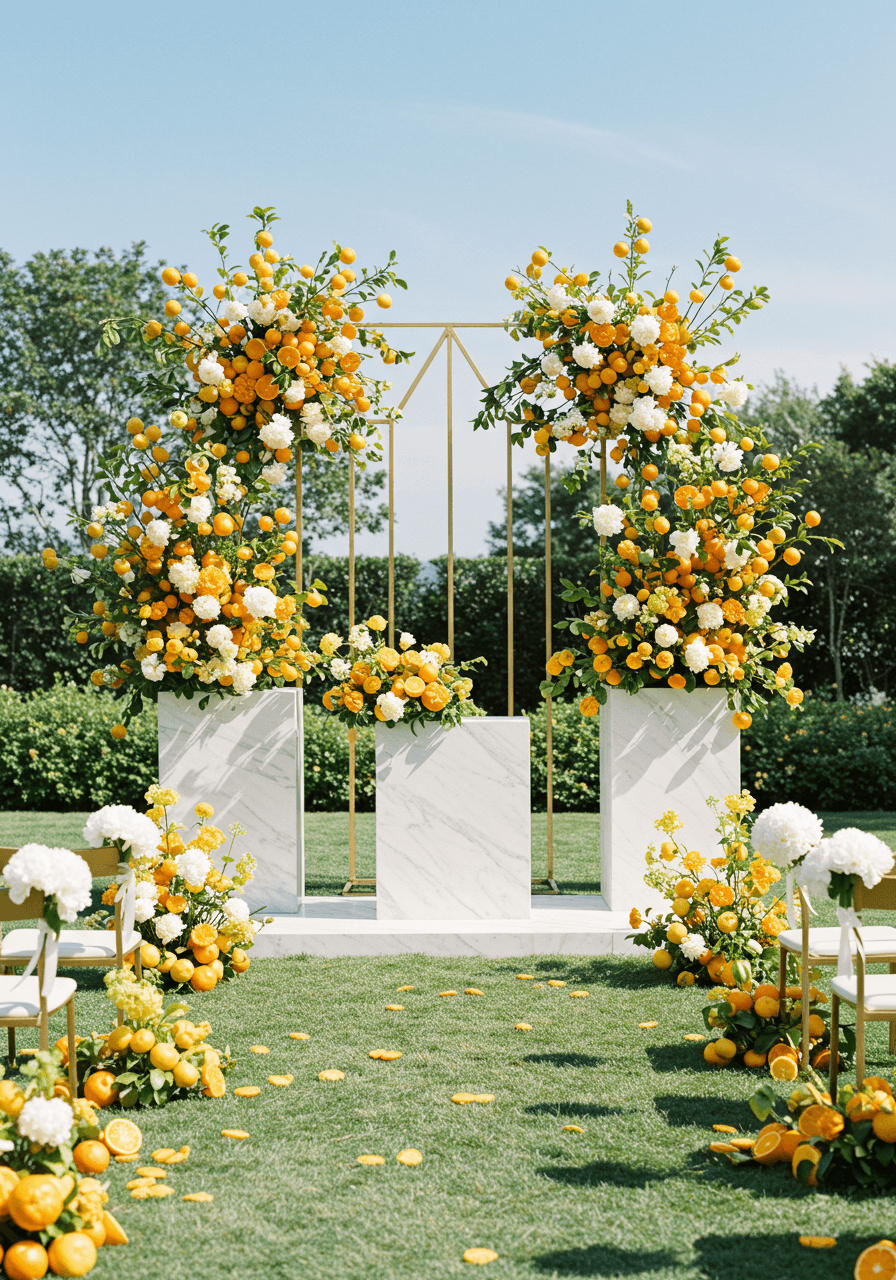 Towering lemon and orange branch arrangements with white peonies flanking modern geometric altar in garden