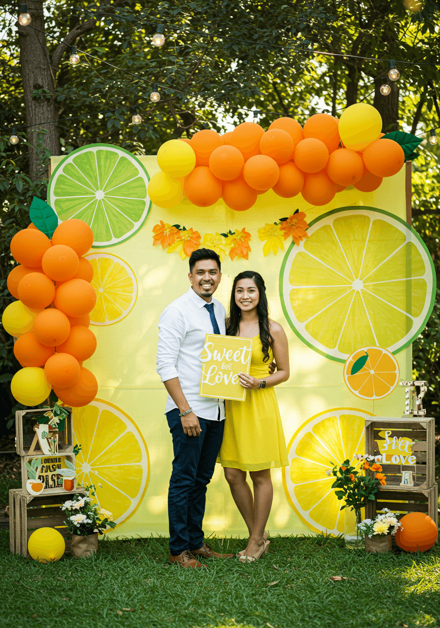 Happy couple posing at colourful citrus photo booth with paper lime slices and balloon clusters