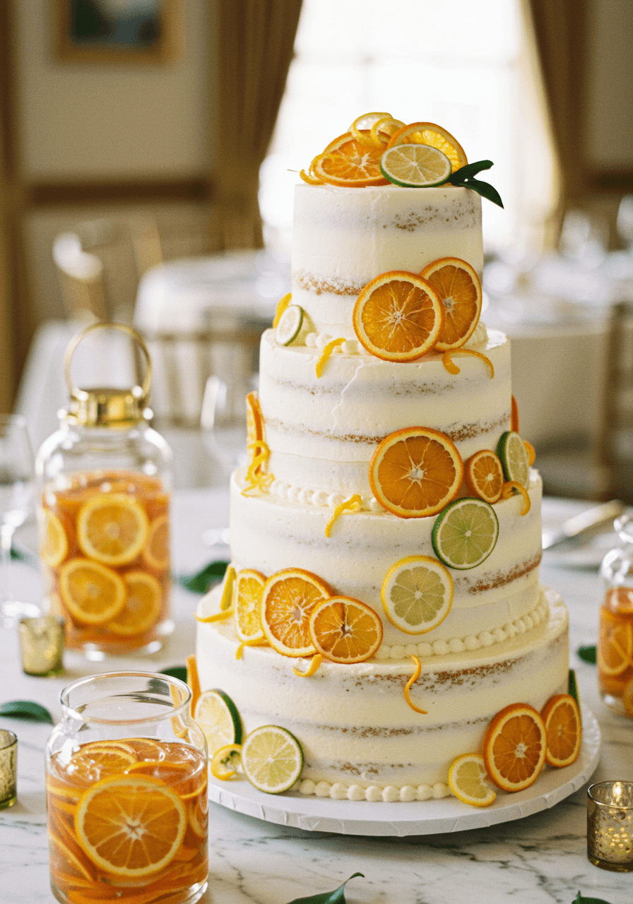 Close-up detail of wedding cake top tier decorated with fresh citrus elements and elegant finishing