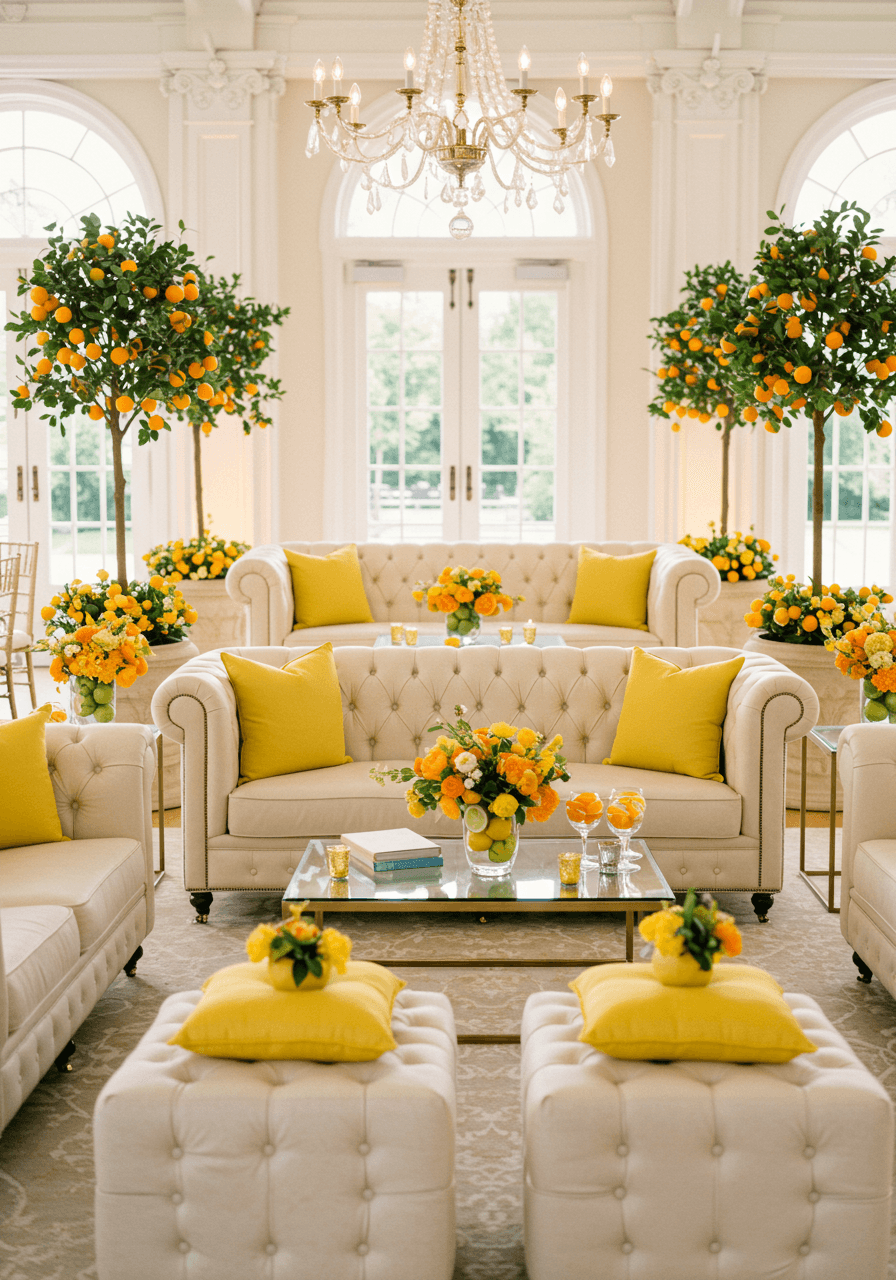 Elegant wedding lounge with tufted cream sofas and citrus centrepieces during golden hour lighting