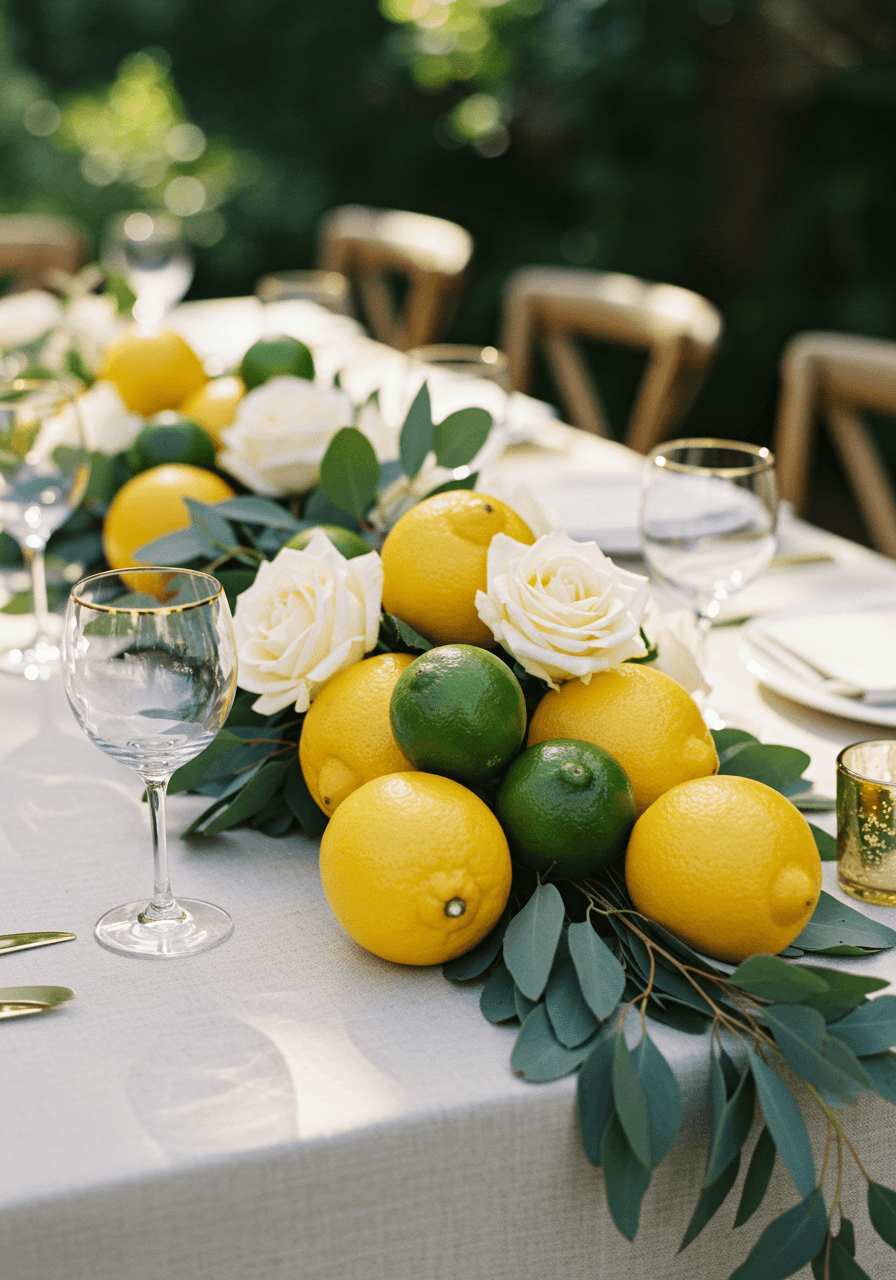 Overhead view of citrus table runner with place settings and gold charger plates in natural lighting