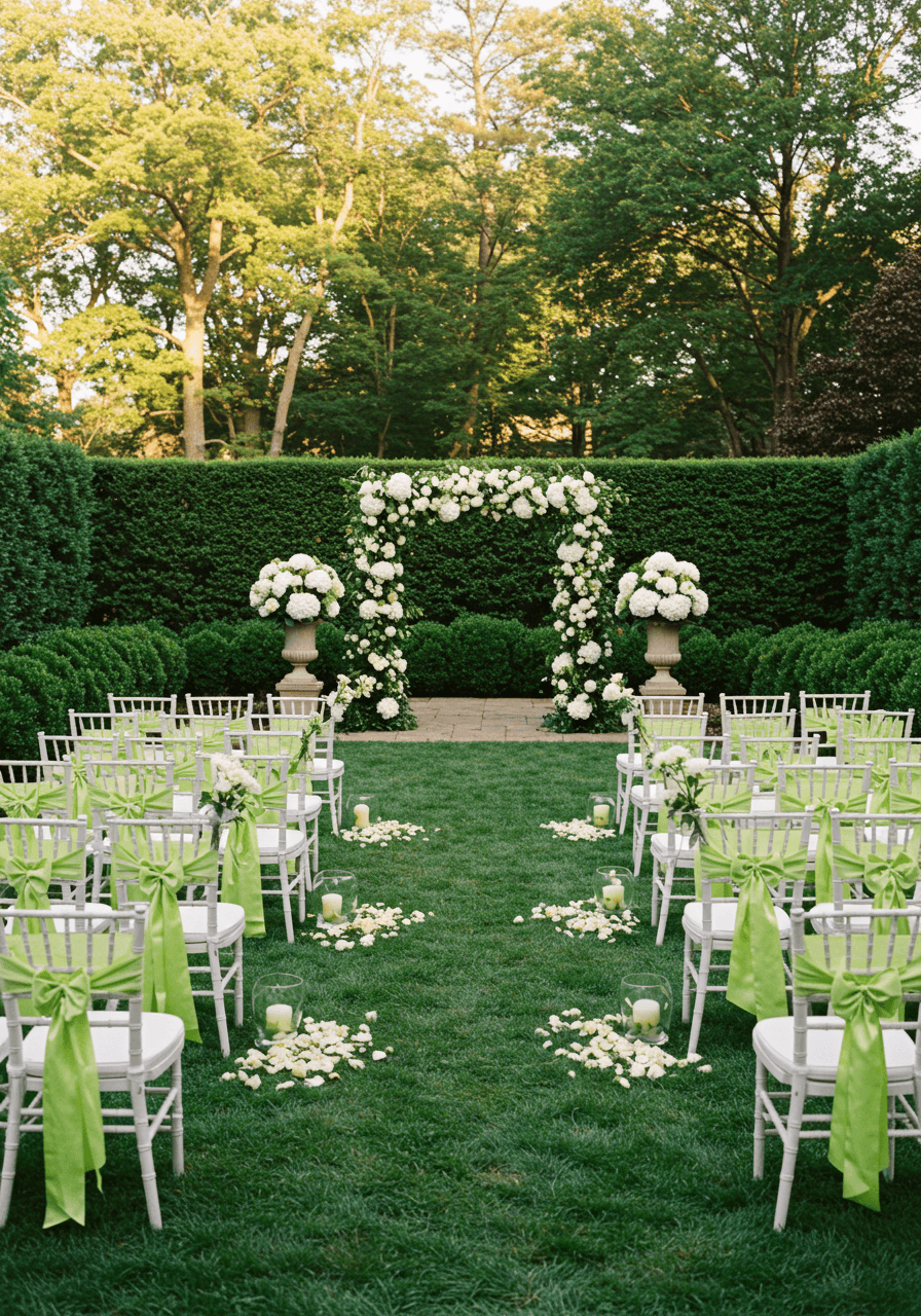 White chiavari chairs with lime green ribbon sashes arranged for garden wedding ceremony
