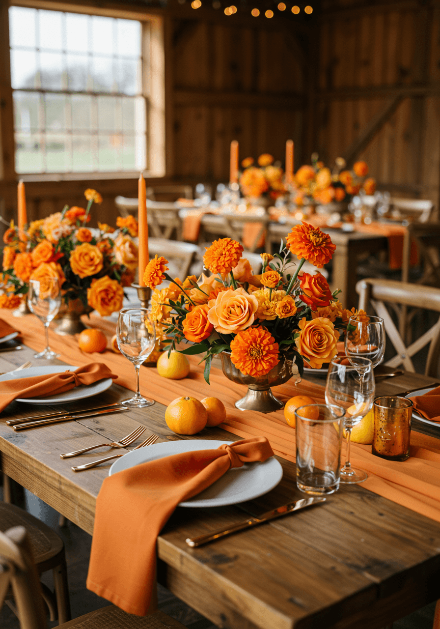Orange floral arrangements and coordinating linens on wooden tables in rustic barn wedding venue