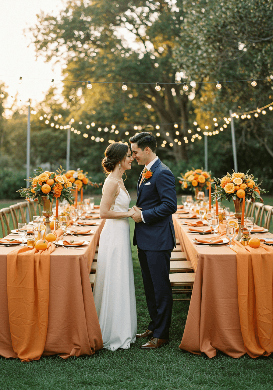 Bride and groom sharing romantic moment at reception tables with orange linens during golden hour