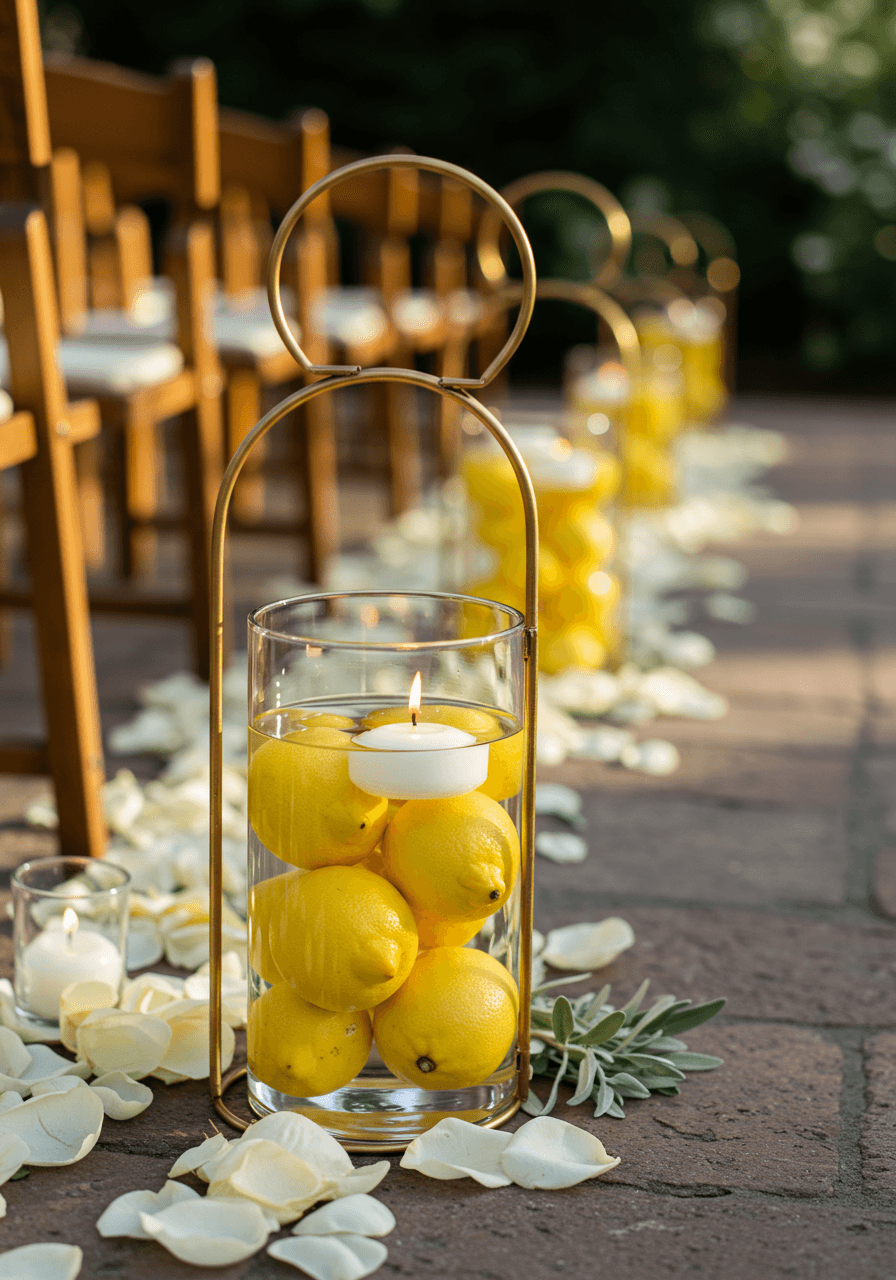 Glass lanterns filled with floating lemons and candles lining stone ceremony aisle with rose petals