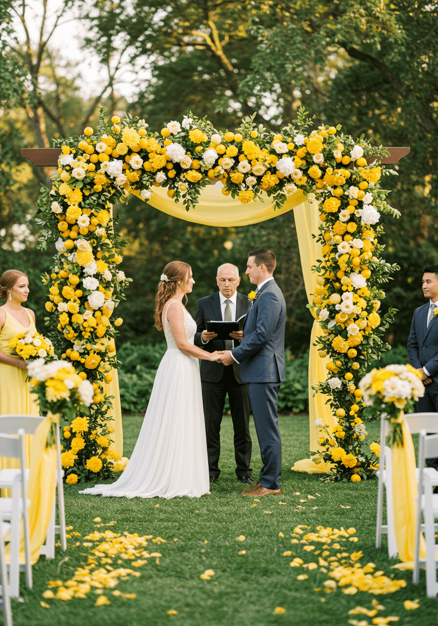 Bride and groom under floral arch with bright lemons, yellow roses and white peonies during golden hour