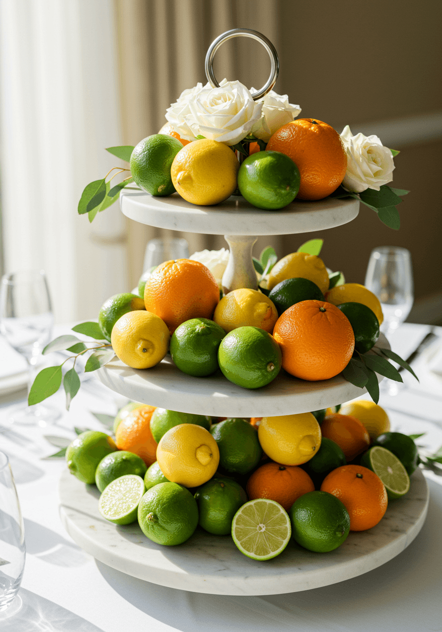 Tiered white marble stand with cascading citrus fruits, eucalyptus and white roses centerpiece