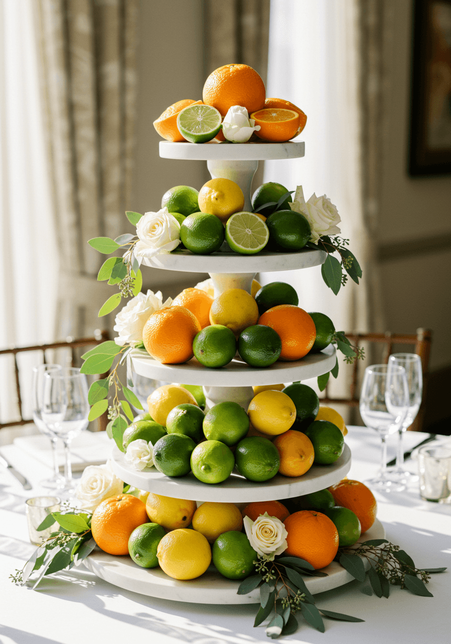 Detail view of marble tiered centerpiece with fresh citrus arrangement and crystal glassware on table