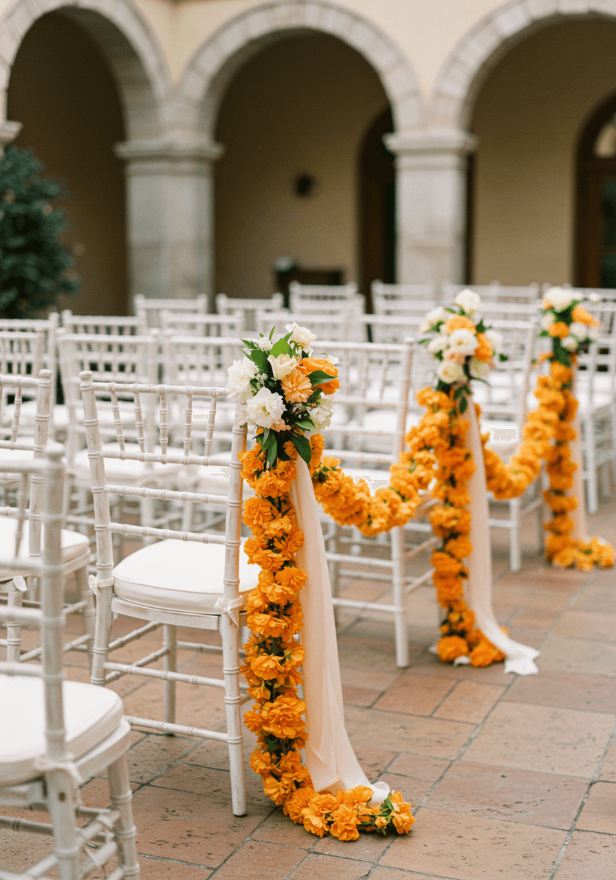 White chiavari chairs decorated with orange blossom garlands in Mediterranean courtyard wedding ceremony