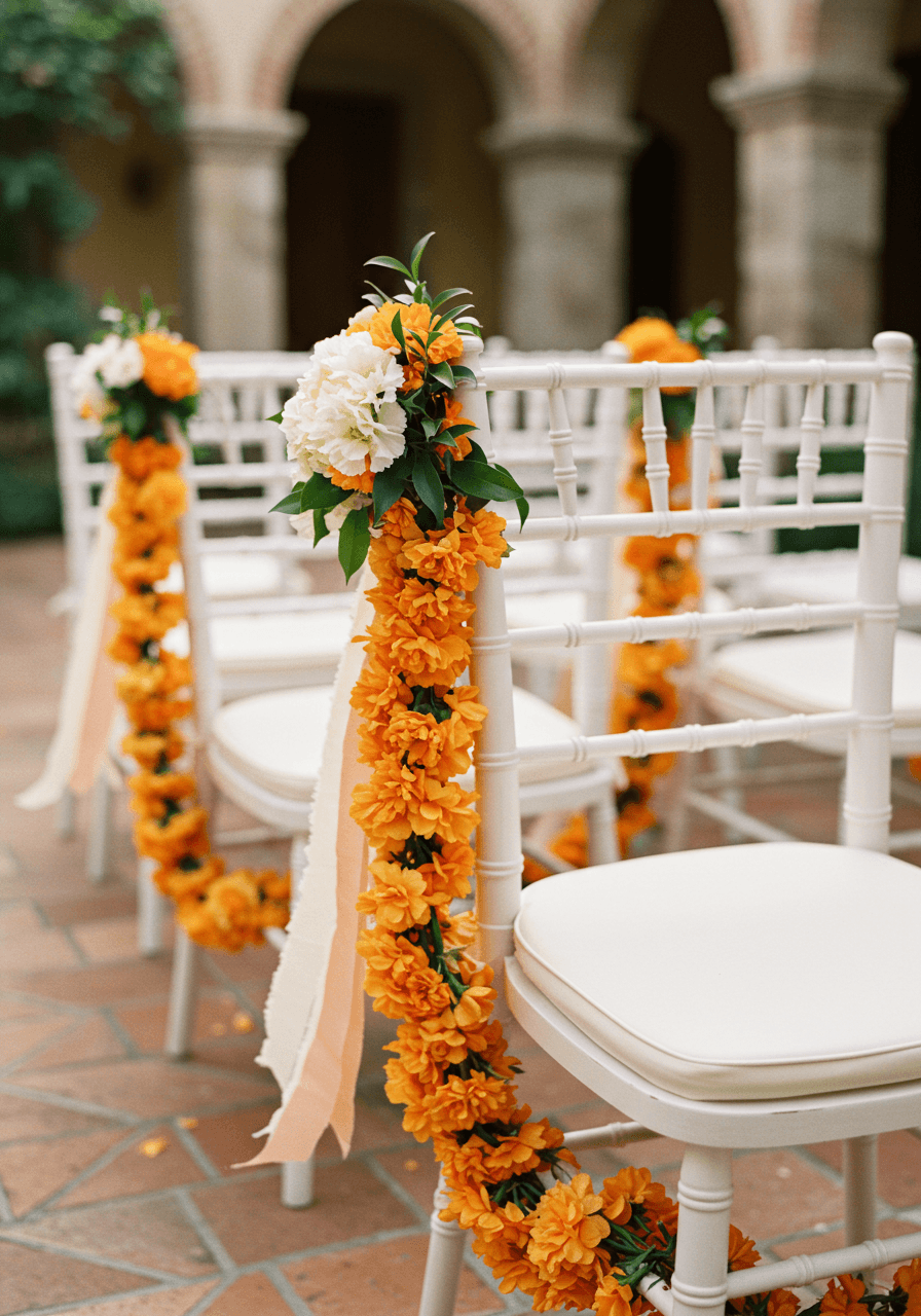 Close-up detail of orange blossom garland draped on white wedding ceremony chair with terracotta flooring
