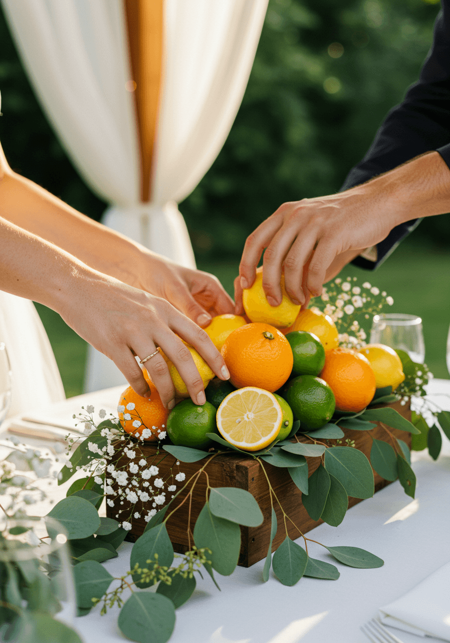 Couple's hands arranging fresh lemons, limes and oranges in rustic wooden box with eucalyptus during golden hour