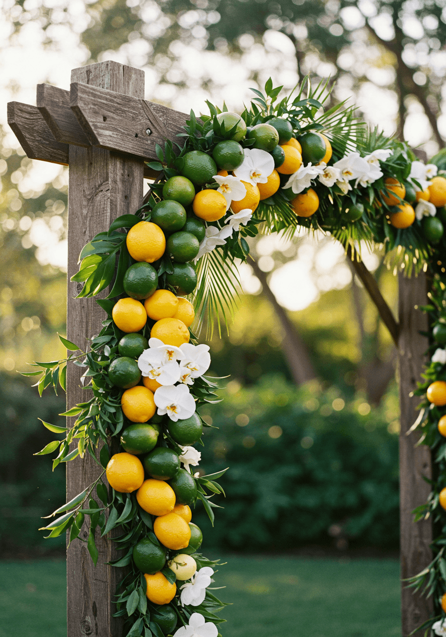 Rustic wooden wedding arch with cascading citrus garlands and white orchids in lush garden setting